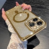 KANGHAR Compatible with iPhone 13 Pro Magnetic Gradient Glitter Case Luxury Plating Rhinestone Bling Soft TPU Clear Sparkle Case with MagSafe and Camera Lens Protection for Women Girls-Gold