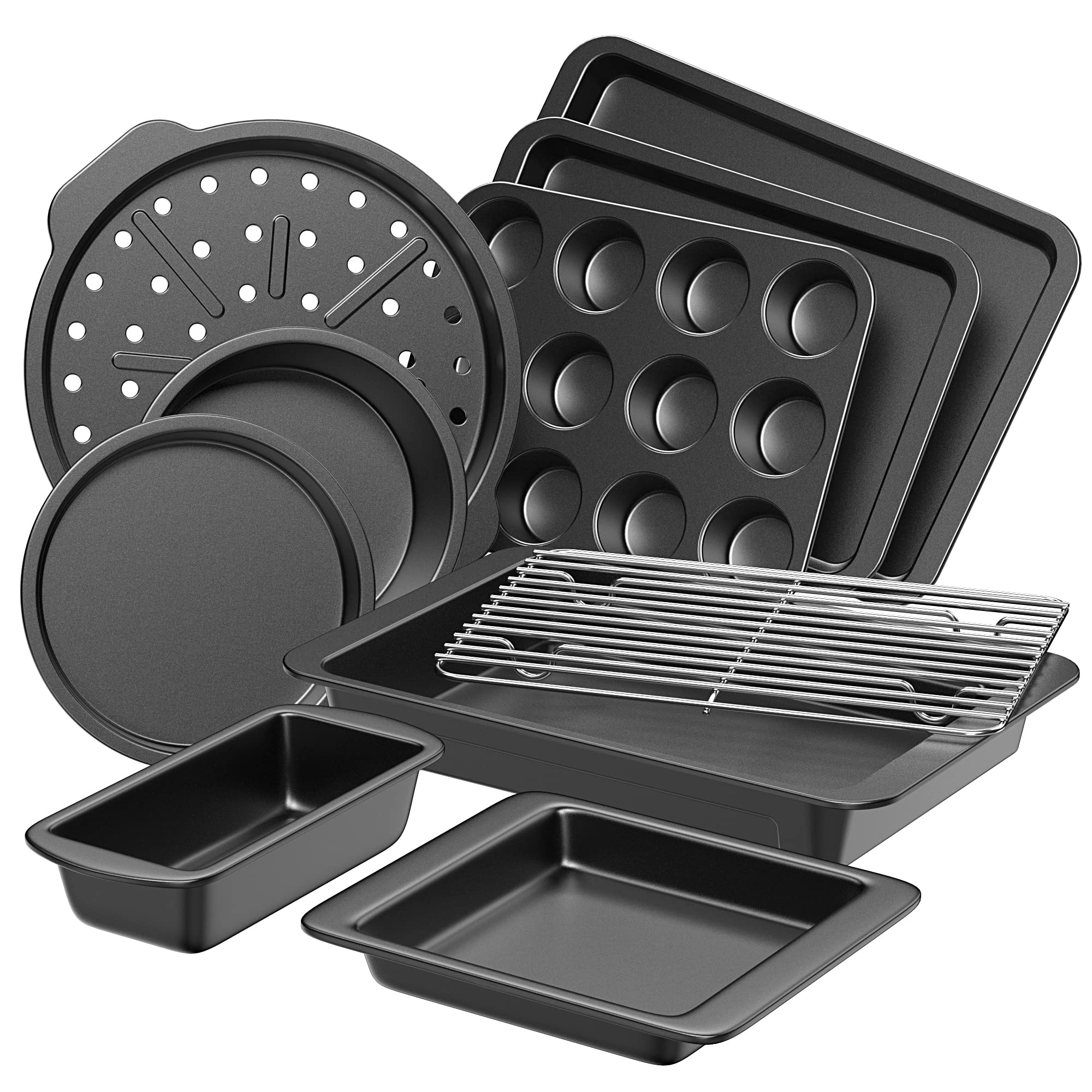 HONGBAKE Bakeware Sets, Baking Pans Set, Nonstick Oven Pan for Kitchen with Wider Grips, 10-Pieces Including Rack, Cookie Sheet, Cake Pans, Loaf Pan, Muffin Pan, Pizza Pan - Grey