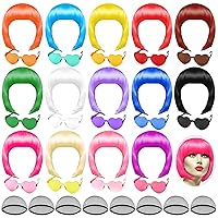 PLULON Party Wigs and Sunglass Set, Neon Short Bob Wig Sunglass Pack Costume Colorful Cosplay Wig Daily Party Hairpieces