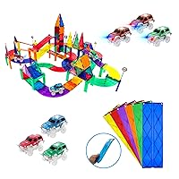 PicassoTiles 128PC Magnetic Race Car Track + 3 LED Light Up Truck Cars + 6PC Expansion Ramp Tiles Mega Bundle: STEAM Learning, Enhance Construction Skills, Hand-Eye Coordination and Fine Motor Skills