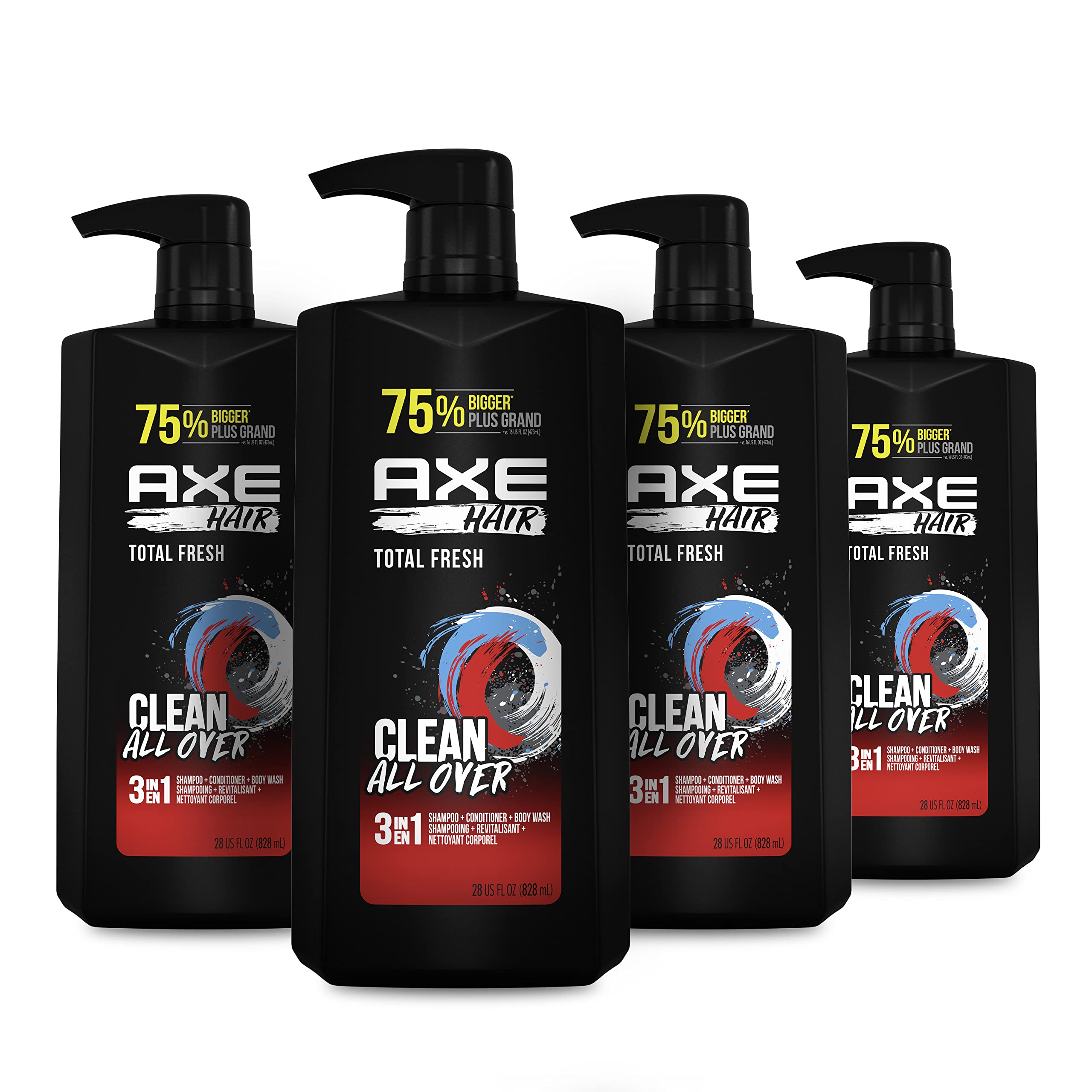 AXE 3-in-1 Body Wash Shampoo and Conditioner Easy Hair and Body Wash For Men Wash and Care Total Fresh Light and Fresh Scent Men's Shampoo 28 oz 4 Pack