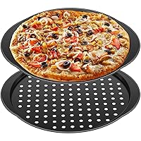 2 Pcs 14 inch Pizza Trays for Oven, Non-Stick Baking Trays with Holes and Handles, Round Carbon Steel Pizza Pans for Home Kitchen Oven Microwave Fridge Freezer Dishwasher Safe