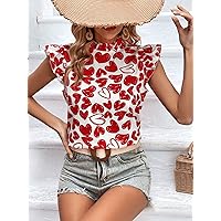 Women's Tops Shirts Sexy Tops for Women Heart Print Ruffle Trim Mock Neck Blouse Shirts for Women (Color : Red and White, Size : Medium)