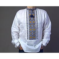 Rushnichok Ukrainian Vyshyvanka Men's Embroidered White Blue Yellow Shirt Linen Wedding
