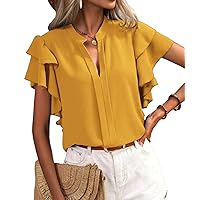 Women's Summer Chiffon Tops Trendy V Neck Curtain Ruffle Short Sleeve Shirts Dressy Casual Outfit Blouse