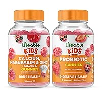 Lifeable Calcium Magnesium & Zinc Kids + Probiotic 2 Billion CFU Kids, Gummies Bundle - Great Tasting, Vitamin Supplement, Gluten Free, GMO Free, Chewable Gummy