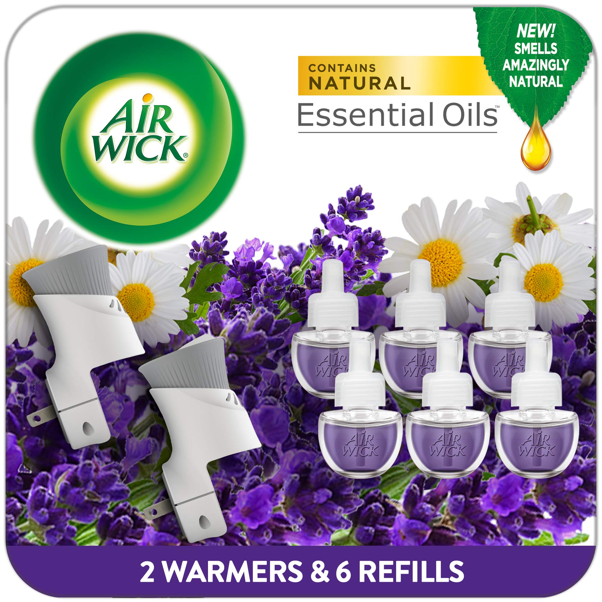 Air Wick plug in Scented Oil Starter Kit, 2 Warmers + 6 Refills, Lavender & Chamomile, Eco friendly, Essential Oils, Air Freshener