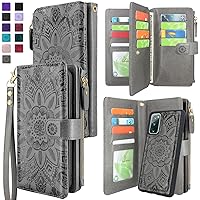 Harryshell Detachable Magnetic Zipper Wallet Leather Case Cash Pocket with 12 Card Slots Holder Wrist Strap for Samsung Galaxy S20 FE 5G (2020) Floral Flower (Gray)