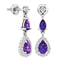 Dazzlingrock Collection Pear Amethyst & Round Diamond Ladies Teardrop Halo Dangling Earrings | 925 Sterling Silver