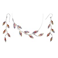 925 Sterling Silver Olive Leaf Jewellery Set Handmade Multi-Coloured Polymer Clay Necklace and Long Drop Earrings, 16.5