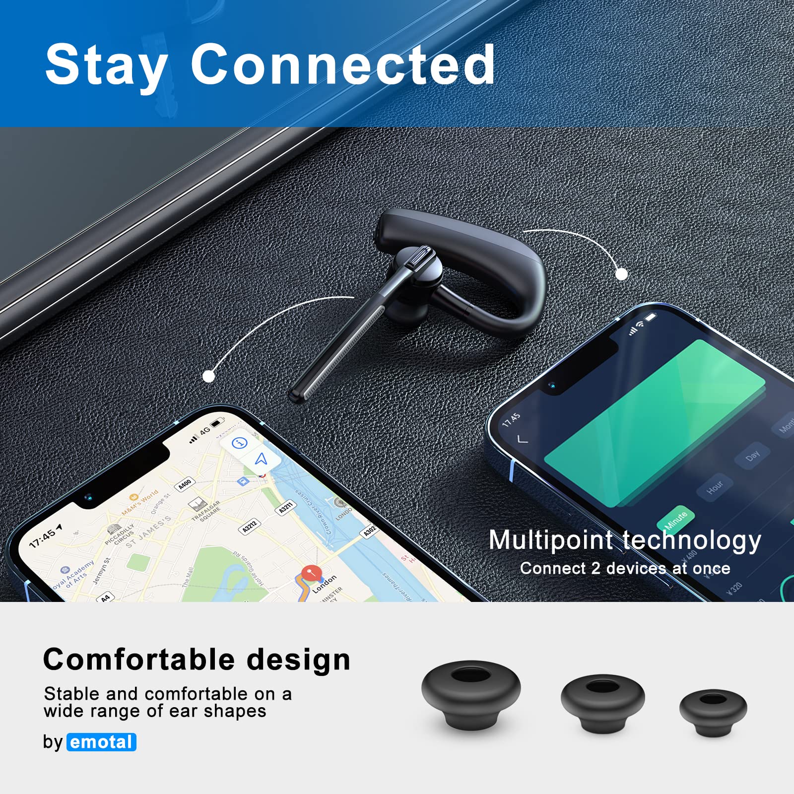 emotal Bluetooth Headset Dual-Mic ENC +CVC 8.0 Noise Cancelling Aptx HD HiFi Stereo15Hours HD Talktime 200Hours Standby Bluetooth Earpiece Compatible for iOS/Android Cellphone with Storage Case