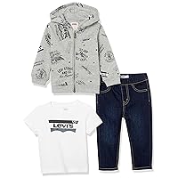 Levi's Baby Boys' Graphic T-Shirt, Hoodie and Denim 3-Piece Outfit Set, Grey/Twin Peaks, 6M