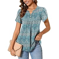 BISHUIGE Womens Casual Summer Top V Neck Loose Tunic Button Ruffle Sleeve Pleated Blouses