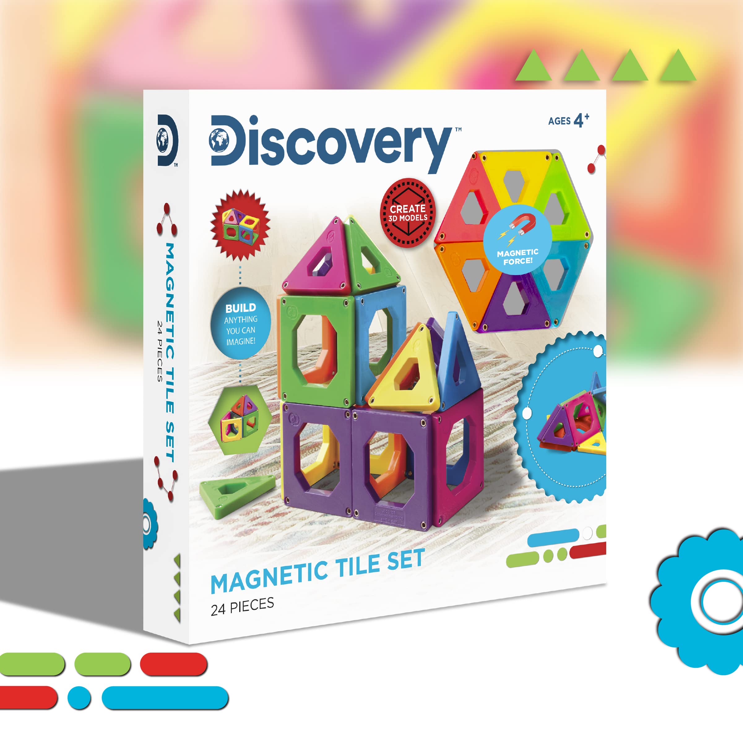 Discovery Kids 24-Piece Magnetic Tile Building Blocks Construction Set