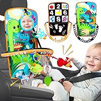 Baby Car Seat Dinosaurs Toys - Kick and Play Double Sided Infant Car Seat Toys with Plush Toys, Mirror, Teether for Baby, Baby Travel Activities, Christmas Birthday Gifts Newborn Infant Toys