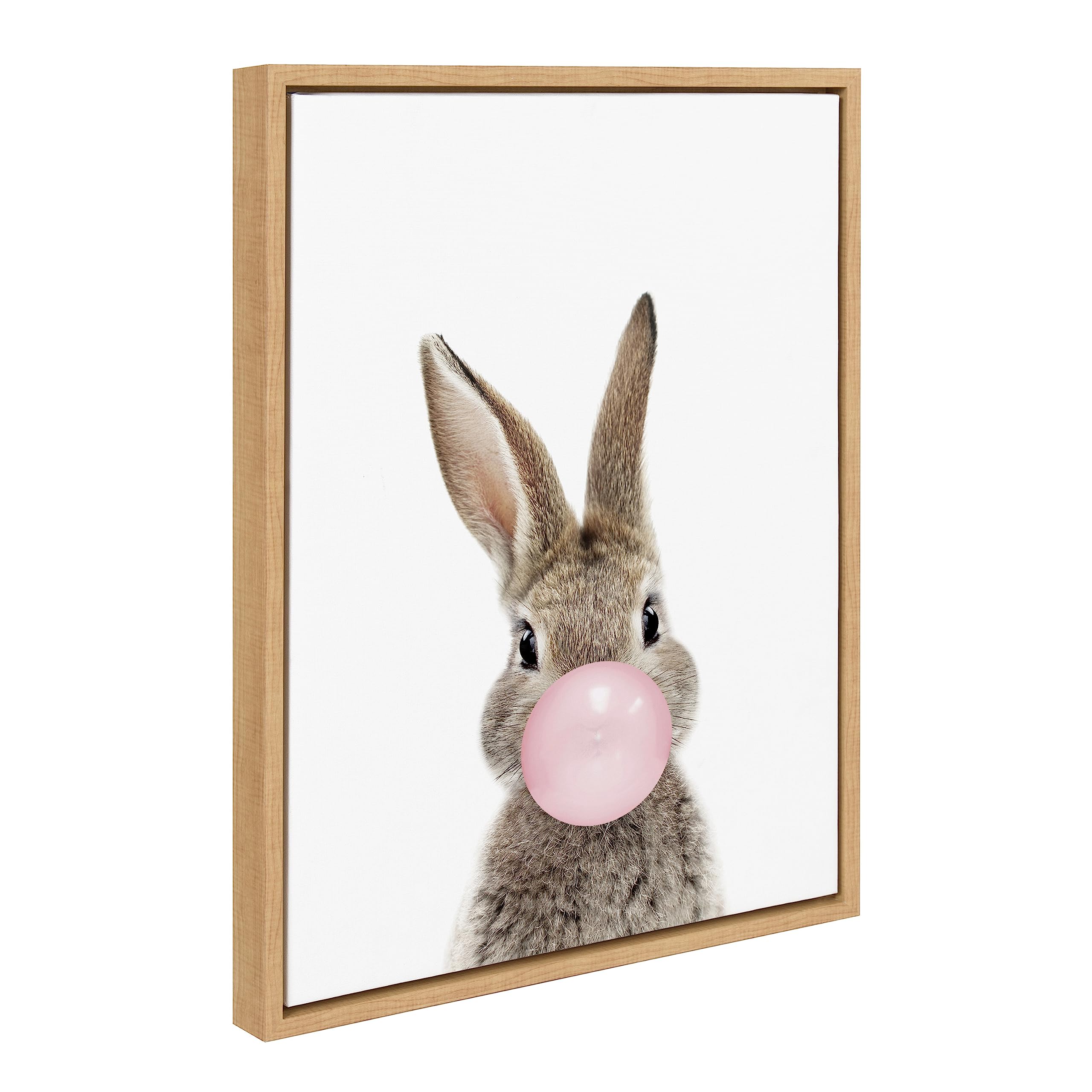 Kate and Laurel Sylvie Bubble Gum Bunny Framed Canvas Wall Art by Amy Peterson Art Studio, 18x24 Natural, Cute Whimsical Animal Art for Wall
