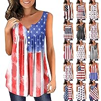 Womens Tops Dressy Casual,4Th of July Tank Tops Hide Belly Tunic Plus Size Blouse Sleeveless Button V-Neck Tee Shirts
