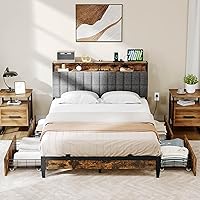 DWVO Queen Size Bed Frame, Upholstered Platform Bed Frame with Charging Station/4 Drawers, Storage Headboard Metal Bed Frame Strong Wooden Slats, No Box Spring Needed, Fast Assembly, Rustic Brown