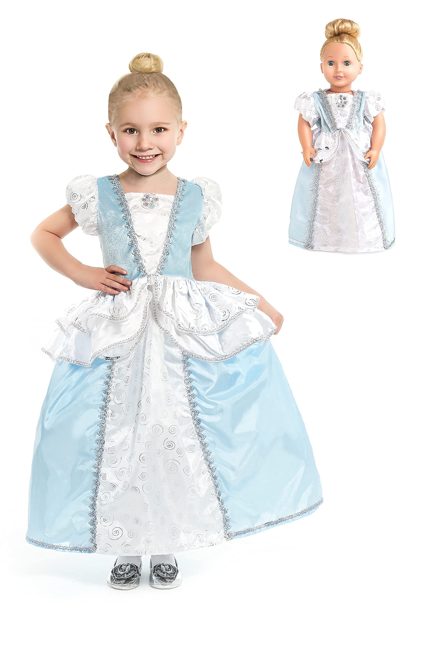 Little Adventures Cinderella Princess Dress Up Costume (Small Age 1-3) with Matching Doll Dress - Machine Washable Child Pretend Play and Party Dress with No Glitter
