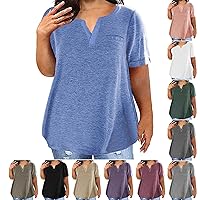 Plus Size Tunic Tops for Women Notched V Neck Short Sleeve Shirts Casual Loose Fit Summer Blouses with Pocket