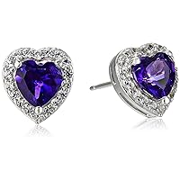 Amazon Collection Sterling Silver Birthstone and Created White Sapphire Halo Heart Stud Earrings