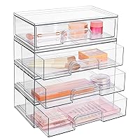 12''W Stackable Storage Drawers, 4 Pack Clear Plastic Organizers Bins for Makeup Palettes, Cosmetics, and Beauty Supplies,Ideal for Vanity, Bathroom,Cabinet,Desk,Office Organization