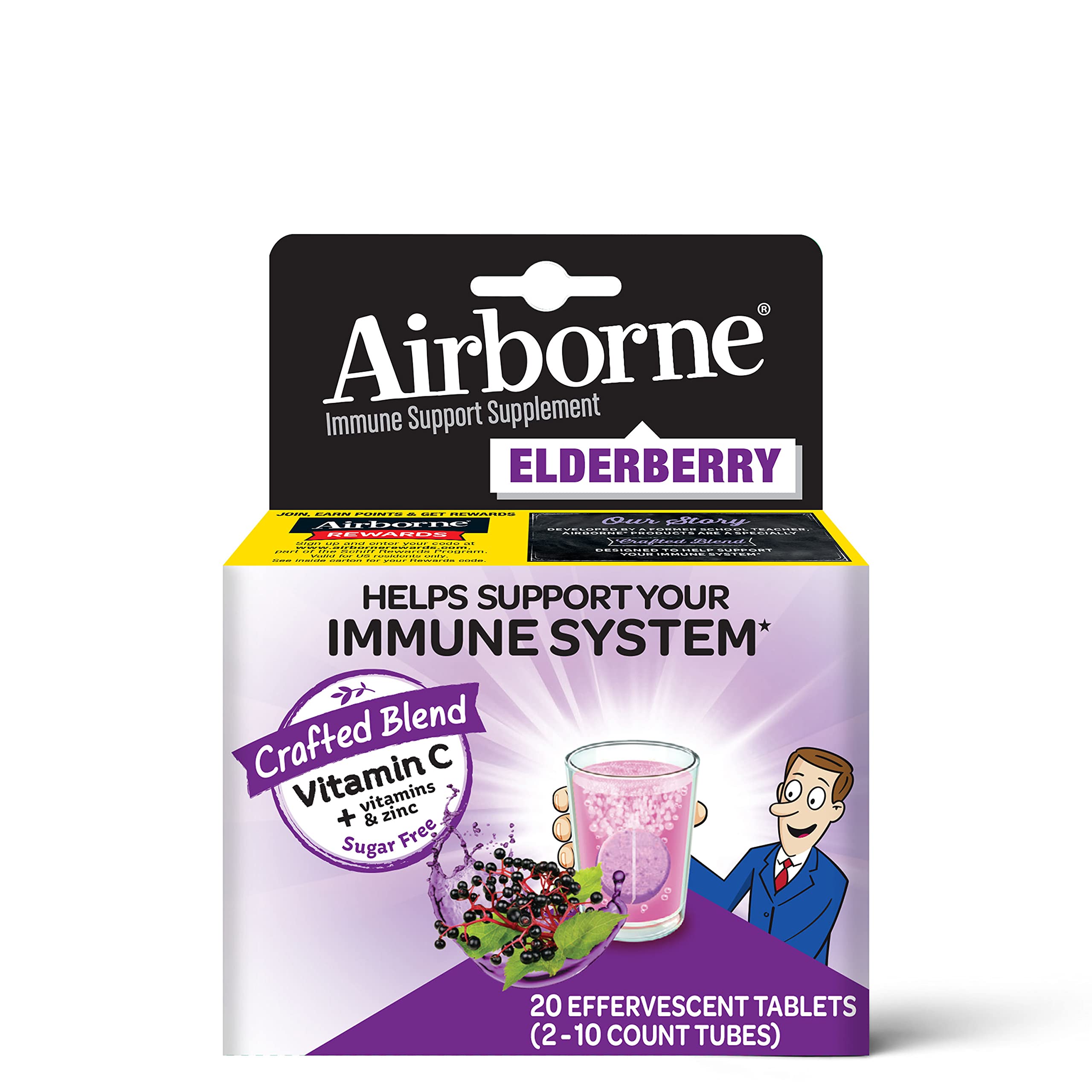 Airborne Elderberry + Zinc & Vitamin C Effervescent Tablets, Immune Support Supplement With Powerful Antioxidant Vitamins A C E, 20 Fizzy Drink Tablets, Elderberry Flavor