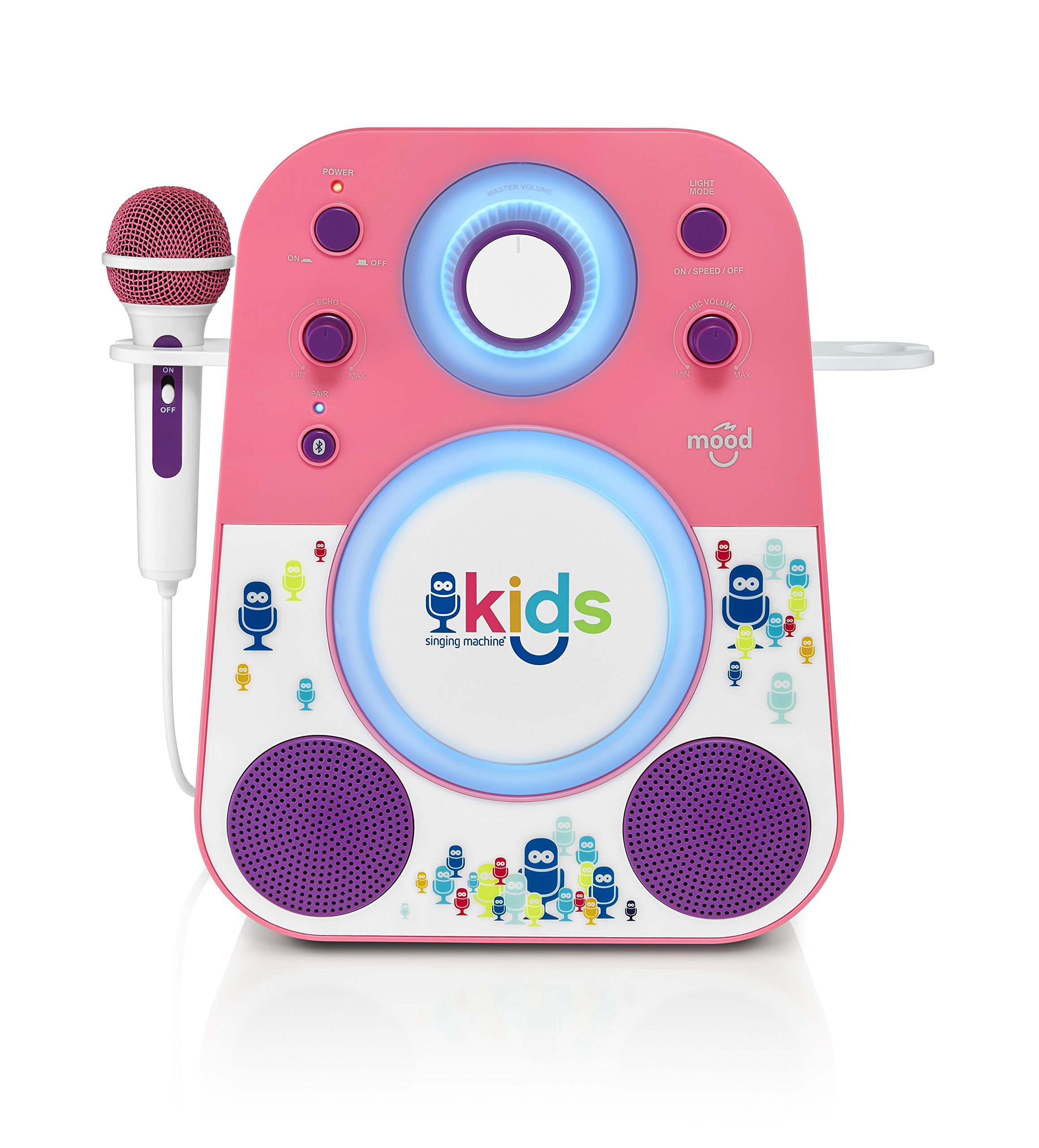 Singing Machine Kid's SMK250PP Mood LED Glowing Bluetooth Sing-Along Speaker with Wired Youth Microphone Doubles as a Night Light, Pink/Purple