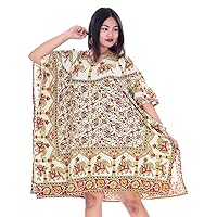 Indian 100% Cotton Women Cocktail Dress Multi Color Kaftan Kimono Sleeve Hippie Boho Elephant Print