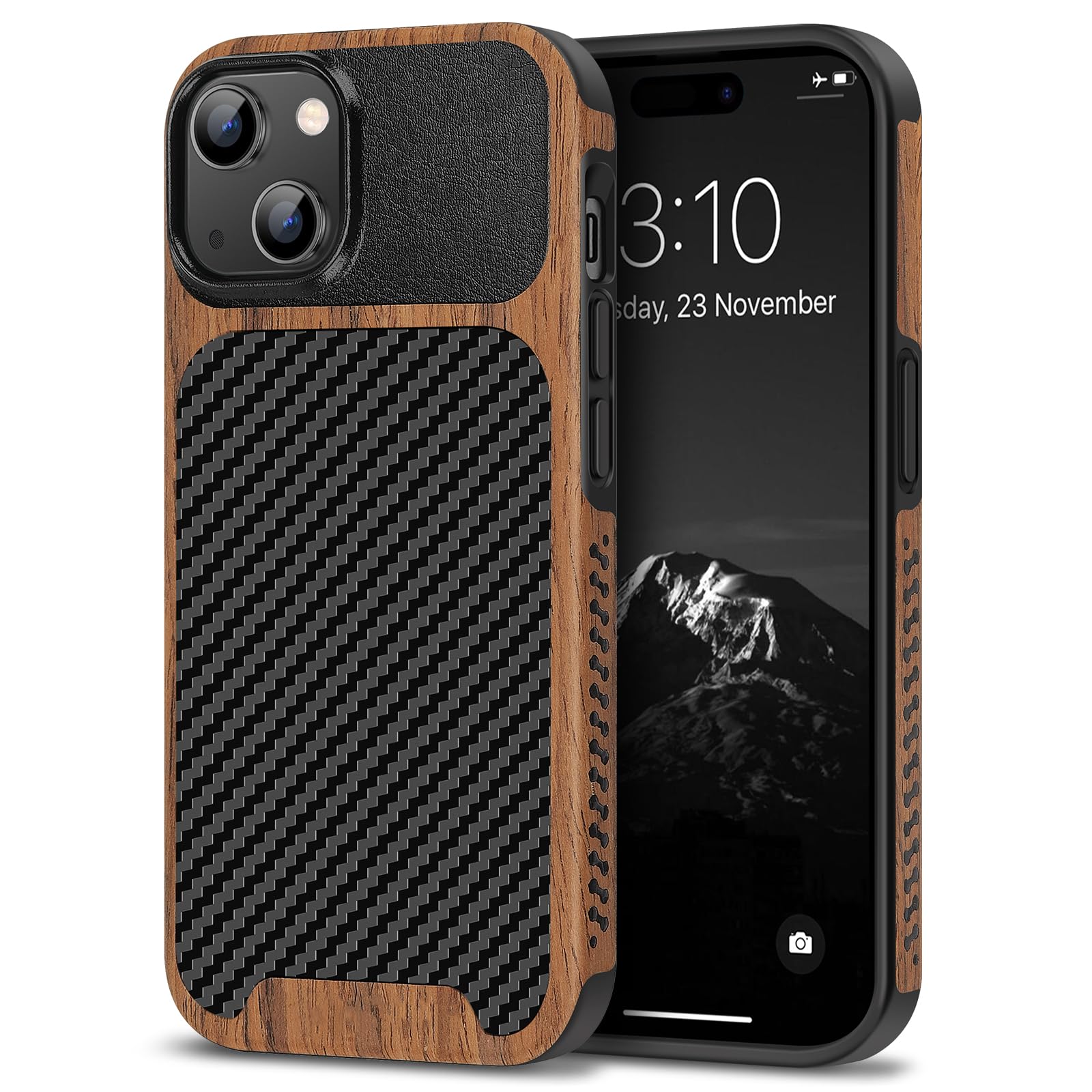 TENDLIN Compatible with iPhone 15 Case Wood Grain with Carbon Fiber Texture Design Leather Hybrid Slim Case (Black)