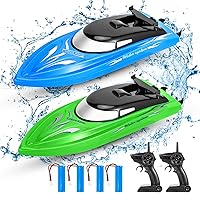 2-Pack High-Speed 2.4GHz RC Boats for Kids and Adults - 10km/h, Fast Remote Control Boats for Pools and Lakes with 4 Rechargeable Batteries (Blue/Green)
