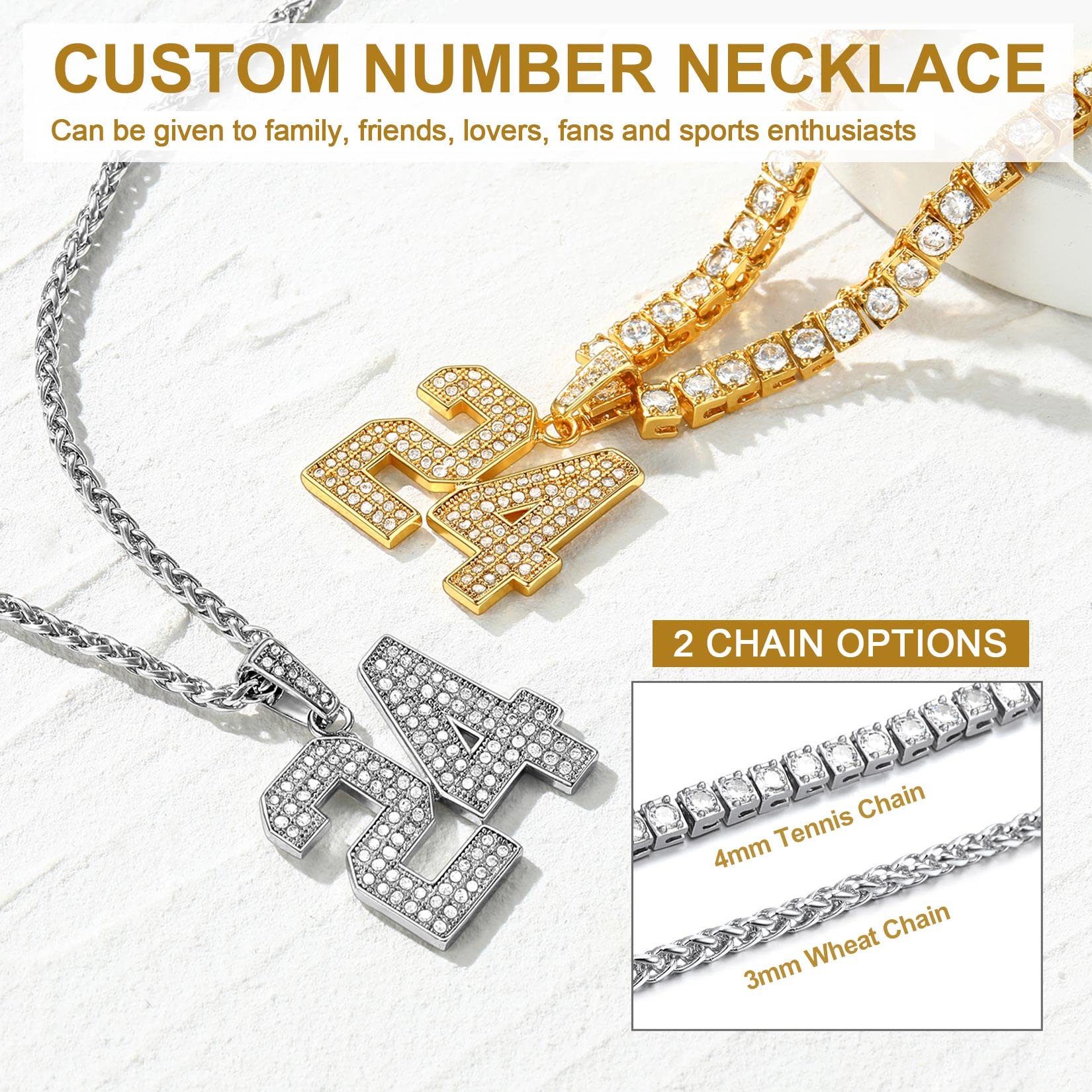 KeyStyle Number Necklaces For Men, Bling Numbers Chain Necklace Hip Hop Simulated Diamond Pendant with Tennis Chain Spiga Chains