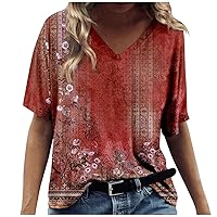 Summer Tops for Women, Women Summer Fashion Casual Short Sleeve V Neck Print Color Tops
