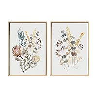 Kate and Laurel Sylvie Wildflower Bunch and Wild Salvia Framed Canvas Wall Art Set by Sara Berrenson, 2 Piece 23x33 Natural, Soft Neutral Flower Bouquet Art for Wall