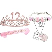 12th Birthday Charm Bracelet, 12th Birthday Gifts for Girl, 12th Birthday Tiara and Sash, Birthday Crown for 12th Birthday Party Supplies and Decorations, 12th Birthday Decorations for Girls