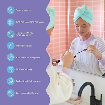 Turbie Twist Microfiber Hair Towel Wrap - for Women, Men & Kids - Travel & Bathroom Essential - Quick Dry Hair Turban for Curly, Long & Thick Hair - 4 Pack (Pink, Purple, Blue, Aqua)