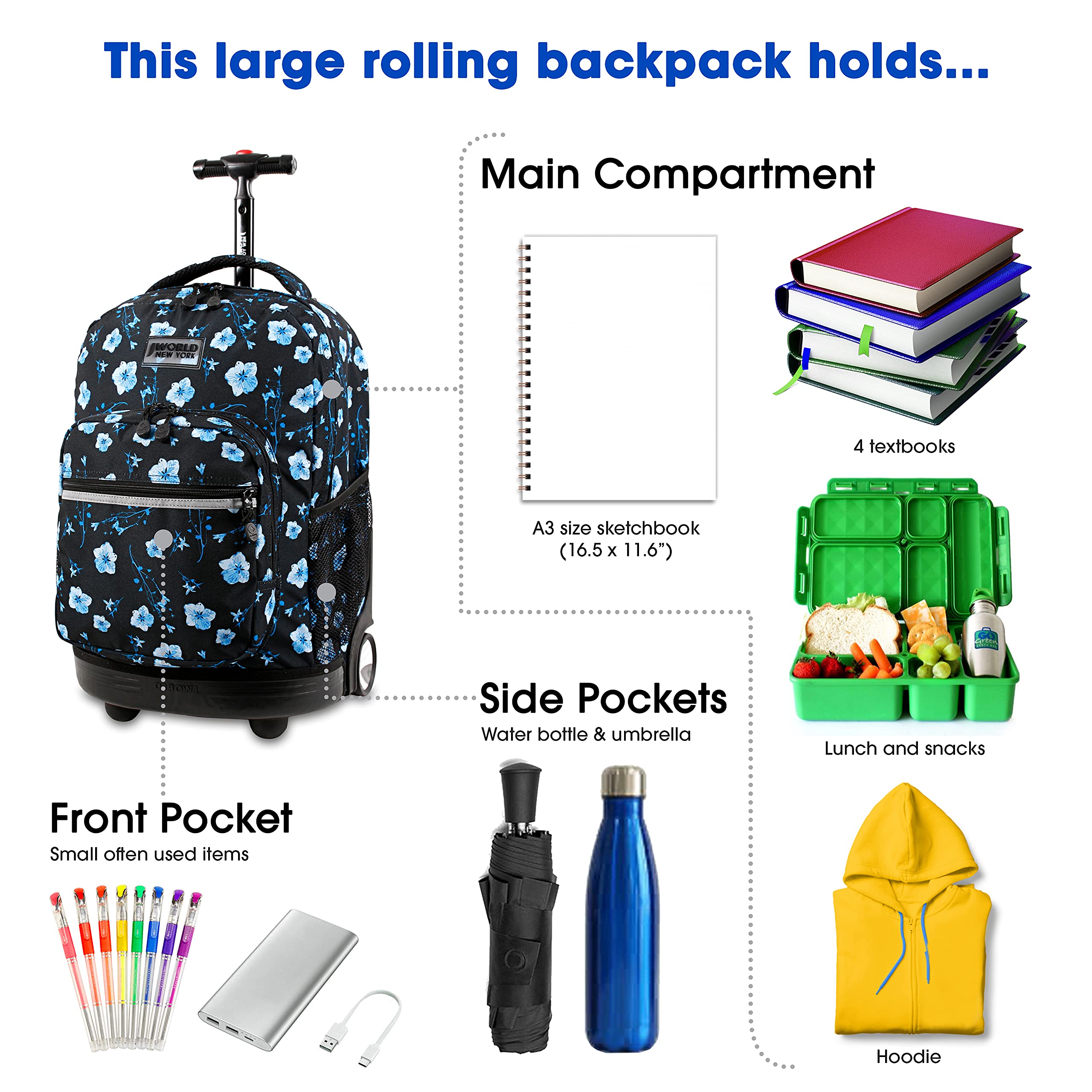J World New York Sunrise Kids Rolling Backpack for Girls Boys Teen. Roller Bookbag with Wheels, Night Bloom, 18