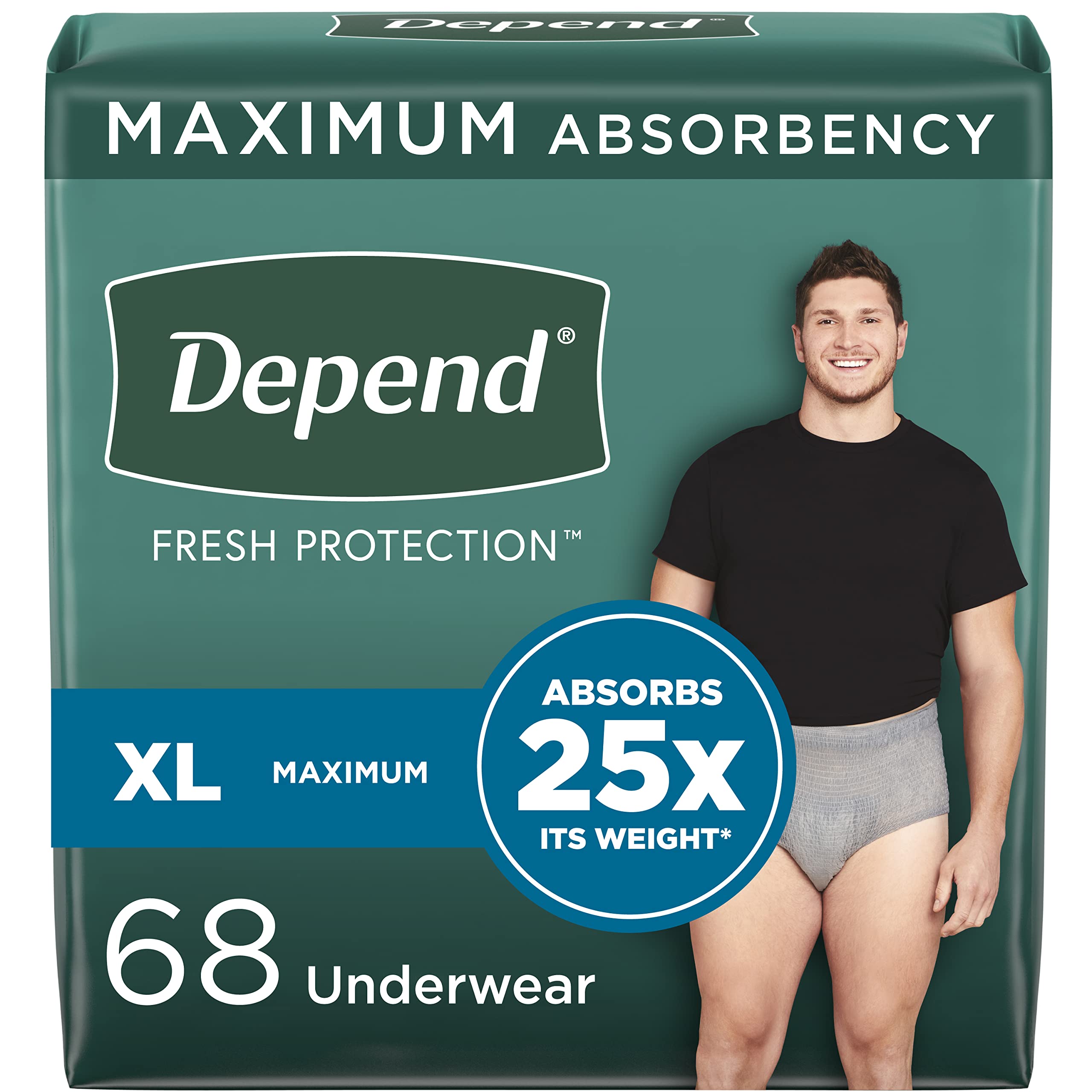 Depend Fresh Protection Adult Incontinence Underwear for Men (Formerly Depend Fit-Flex), Disposable, Maximum, Extra-Large, Grey, 68 Count, Packaging May Vary