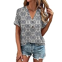 Spring Long Classic Shirt Woman Party Short Sleeve Soft Button Down Shirts Teen Girls Print V Neck Polyester Grey XL
