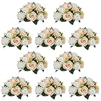 Pcs of 10 Fake Flower Ball Arrangement Bouquet,15 Heads Plastic Roses with Base, Suitable for Our Store's Wedding Centerpiece Flower Rack for Parties Valentine's Day Home Décor (Champagne & White)