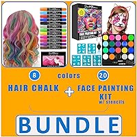 Jim&Gloria 12 Dustless Hair Chalk For Girls, Gifts for Kids, Teen Girls Trendy Stuff, Teenage Girls + Face Painting Kit 20 Colors Includes Stencils, Glow in The Dark & Metallic Colors and Brushes