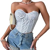 Women Sequins Corset Stylish V Neck Sleeveless Back Zipper Wrap Bustier Ladies Sexy Backless Evening Party Crop Tops
