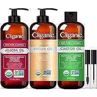 Cliganic Organic Bulk Carrier Oil Trio - Jojoba, Argan & Castor (16oz each)