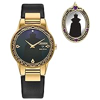 Citizen Ladies' Eco-Drive Disney Villians Evil Queen Gold Stainless Steel Case and Black Leather Strap Watch and Pin Gift Set, Black Dial,Crystal Accent,Date (Model: GA1082-46W)