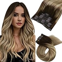 Moresoo Balayage Hair Extensions Clip in Real Human Hair Brown to Light Brown with Golden Blonde Ombre Clip in Extensions Human Hair Double Weft Clip on Hair Extensions 18inch 7Pieces 120Grams