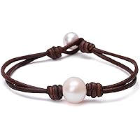 Single Cultured Freshwater Pearl Bracelet Handmade Leather Pearl Jewelry for Women Girls 7''