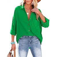 Womens Button Down Shirts Casual V Neck Long Sleeve Loose Fit Collared Plain Blouses Tops with Pocket