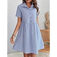 Dresses for Women Striped Print Half Button Smock Dress (Color : Blue, Size : Medium)