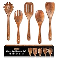 5 PCS Wooden Spoons for Cooking Natural Teak Kitchen Utensils Smooth Non-Stick Surface Cooking Utensils Set Perfect for Mothers Day Mom Gifts