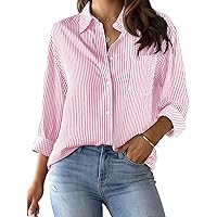 CUNLIN Wrinkle Free Women's Button Down Shirts Striped Long Sleeve Collared Blouses Tops with Pocket